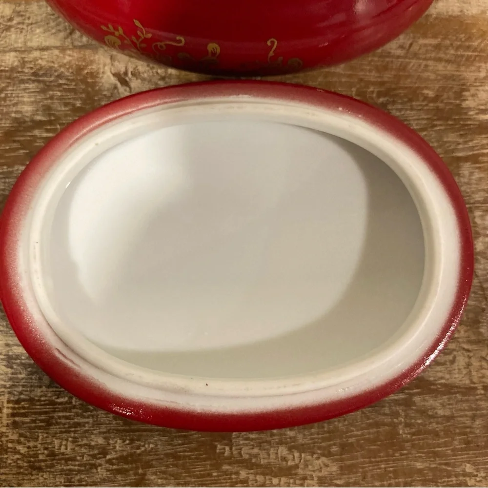 Limoges China Trinket Box with Rococo Couple – Red & Gold Oval Shaped